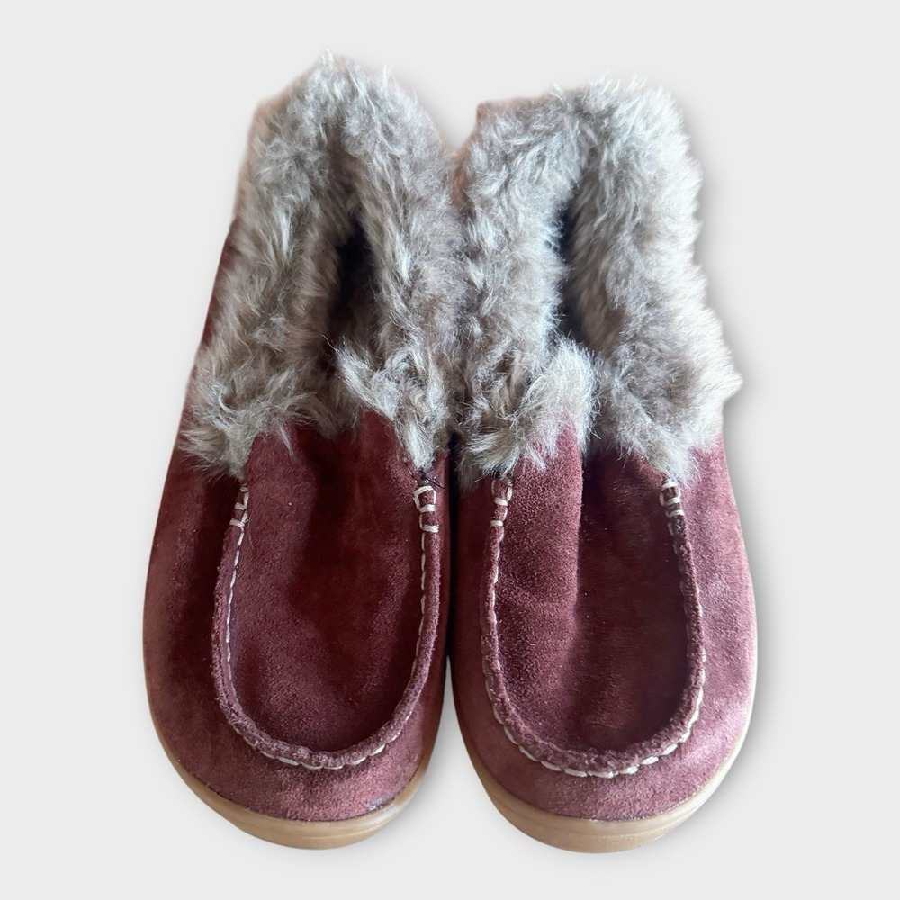 Columbia Women Minx Omni-Heat Slippers Moccasin Maroon Suede Faux Fur Cabincore